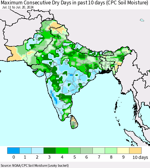 Southern Asia Maximum Consecutive Dry Days in past 10 days (CPC Soil Moisture) Thematic Map For 7/16/2024 - 7/20/2024