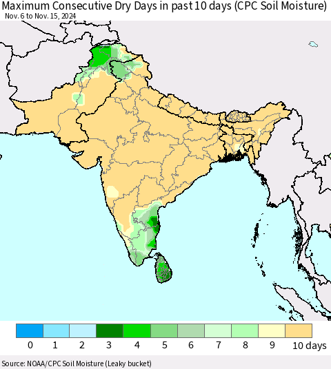 Southern Asia Maximum Consecutive Dry Days in past 10 days (CPC Soil Moisture) Thematic Map For 11/11/2024 - 11/15/2024