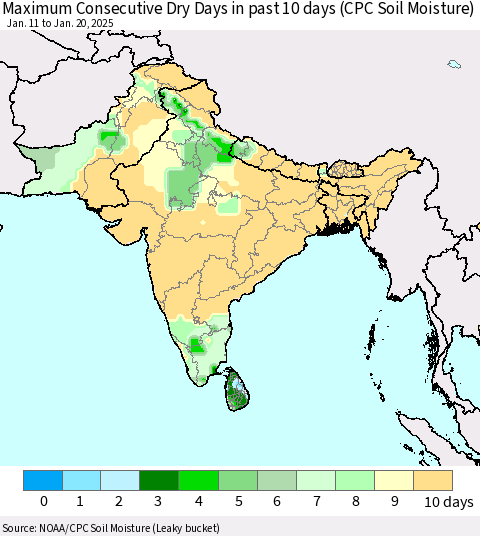 Southern Asia Maximum Consecutive Dry Days in past 10 days (CPC Soil Moisture) Thematic Map For 1/16/2025 - 1/20/2025