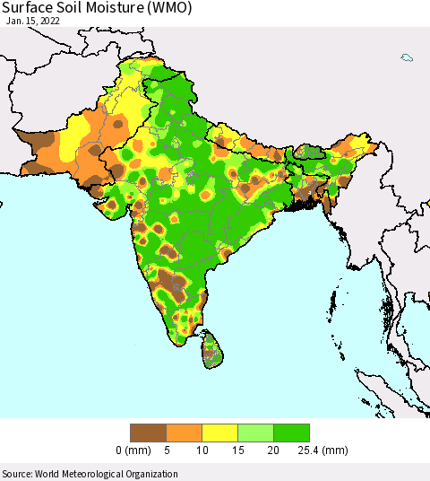 Southern Asia Surface Soil Moisture (WMO) Thematic Map For 1/11/2022 - 1/15/2022