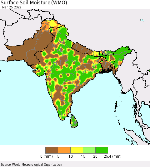 Southern Asia Surface Soil Moisture (WMO) Thematic Map For 3/21/2022 - 3/25/2022