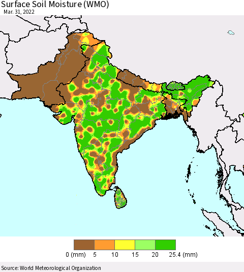 Southern Asia Surface Soil Moisture (WMO) Thematic Map For 3/26/2022 - 3/31/2022