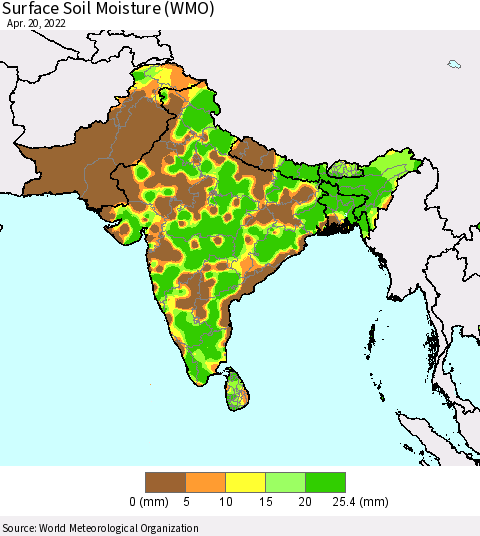 Southern Asia Surface Soil Moisture (WMO) Thematic Map For 4/16/2022 - 4/20/2022
