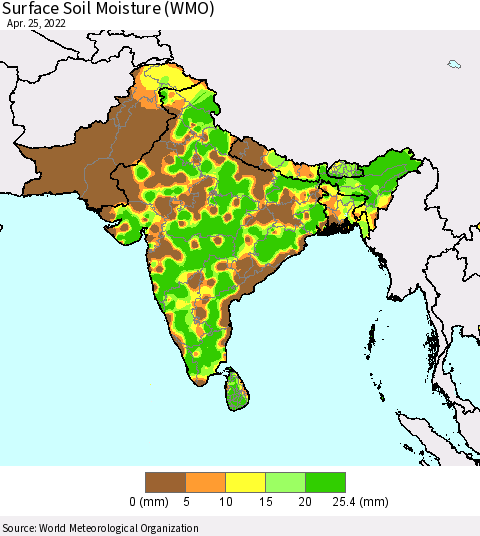 Southern Asia Surface Soil Moisture (WMO) Thematic Map For 4/21/2022 - 4/25/2022