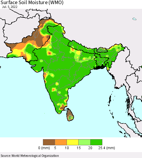 Southern Asia Surface Soil Moisture (WMO) Thematic Map For 7/1/2022 - 7/5/2022