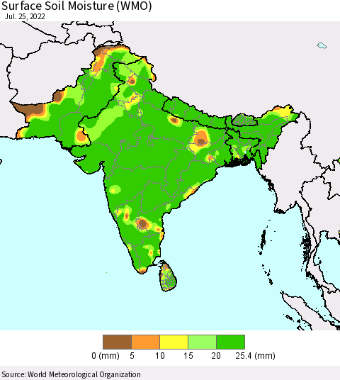 Southern Asia Surface Soil Moisture (WMO) Thematic Map For 7/21/2022 - 7/25/2022