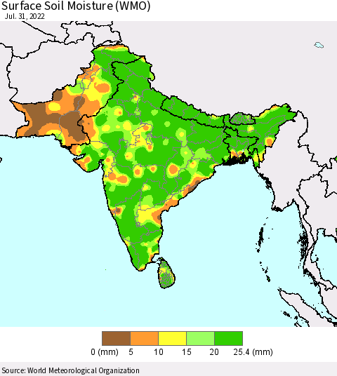 Southern Asia Surface Soil Moisture (WMO) Thematic Map For 7/26/2022 - 7/31/2022
