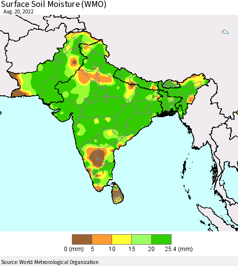 Southern Asia Surface Soil Moisture (WMO) Thematic Map For 8/16/2022 - 8/20/2022