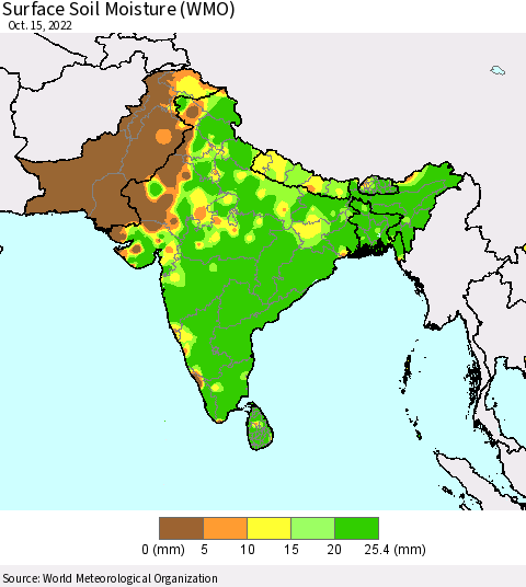 Southern Asia Surface Soil Moisture (WMO) Thematic Map For 10/11/2022 - 10/15/2022