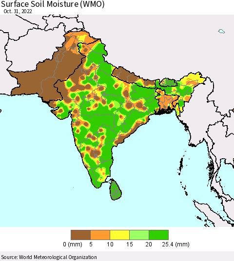 Southern Asia Surface Soil Moisture (WMO) Thematic Map For 10/26/2022 - 10/31/2022