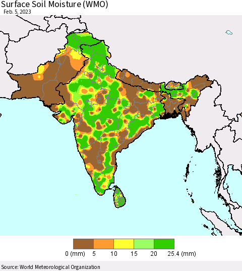 Southern Asia Surface Soil Moisture (WMO) Thematic Map For 2/1/2023 - 2/5/2023