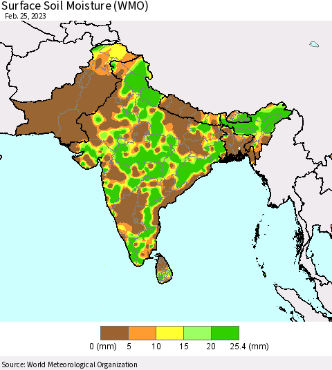 Southern Asia Surface Soil Moisture (WMO) Thematic Map For 2/21/2023 - 2/25/2023