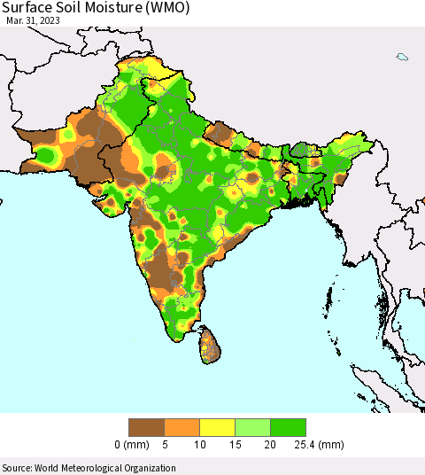 Southern Asia Surface Soil Moisture (WMO) Thematic Map For 3/26/2023 - 3/31/2023