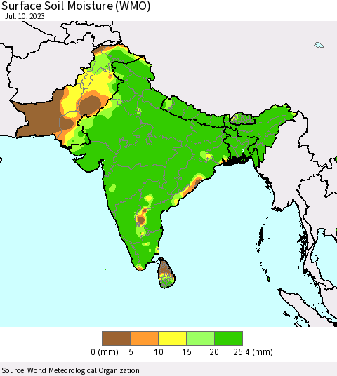 Southern Asia Surface Soil Moisture (WMO) Thematic Map For 7/6/2023 - 7/10/2023