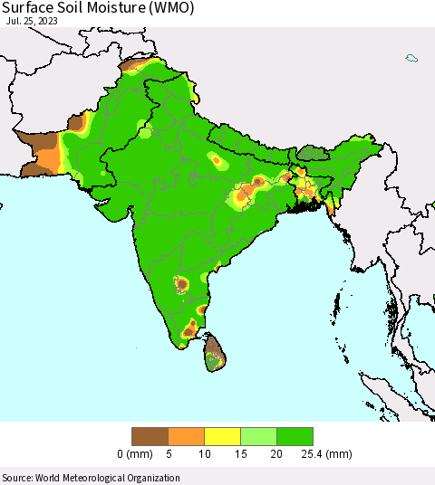 Southern Asia Surface Soil Moisture (WMO) Thematic Map For 7/21/2023 - 7/25/2023