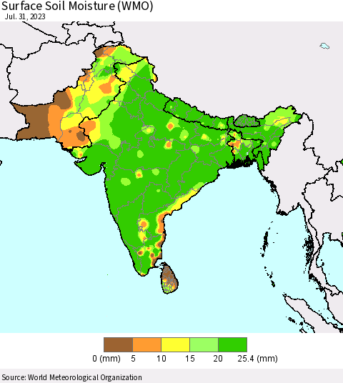 Southern Asia Surface Soil Moisture (WMO) Thematic Map For 7/26/2023 - 7/31/2023