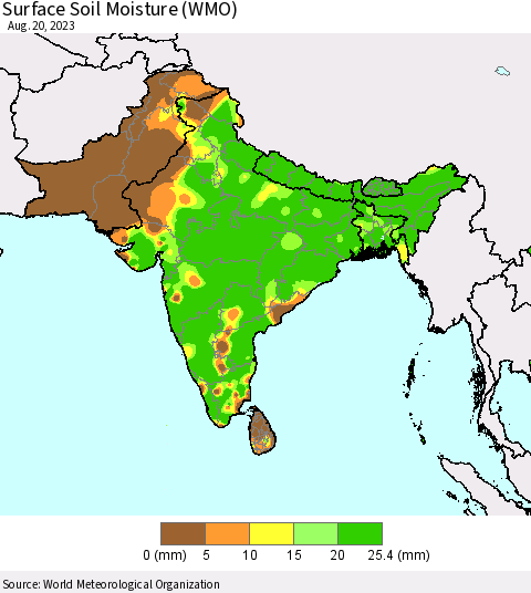 Southern Asia Surface Soil Moisture (WMO) Thematic Map For 8/16/2023 - 8/20/2023