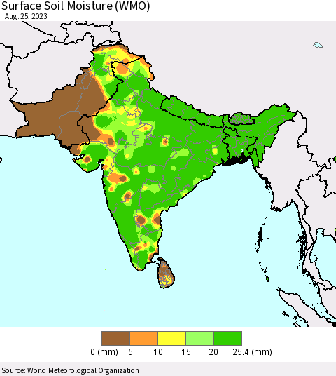 Southern Asia Surface Soil Moisture (WMO) Thematic Map For 8/21/2023 - 8/25/2023