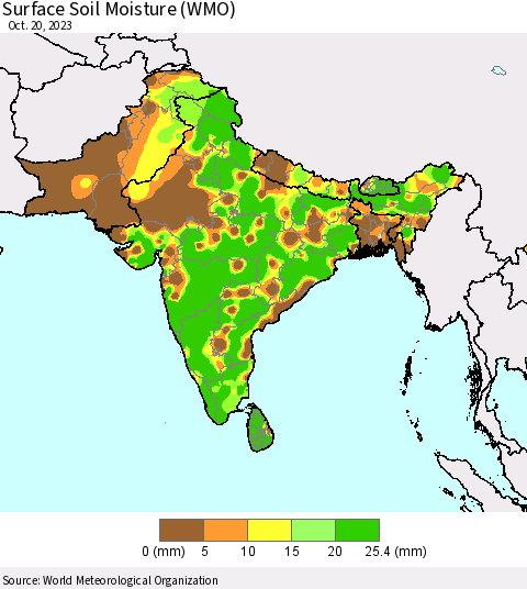 Southern Asia Surface Soil Moisture (WMO) Thematic Map For 10/16/2023 - 10/20/2023