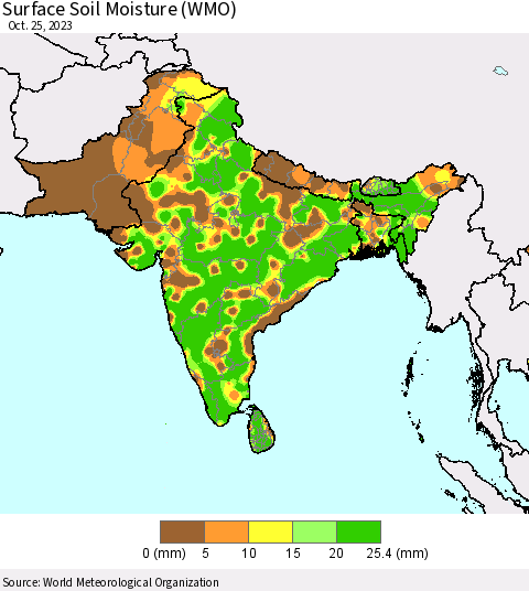 Southern Asia Surface Soil Moisture (WMO) Thematic Map For 10/21/2023 - 10/25/2023