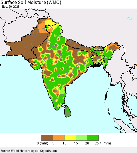 Southern Asia Surface Soil Moisture (WMO) Thematic Map For 11/16/2023 - 11/20/2023