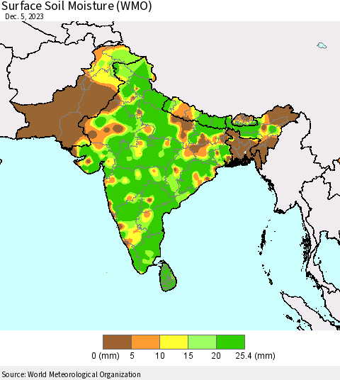 Southern Asia Surface Soil Moisture (WMO) Thematic Map For 12/1/2023 - 12/5/2023