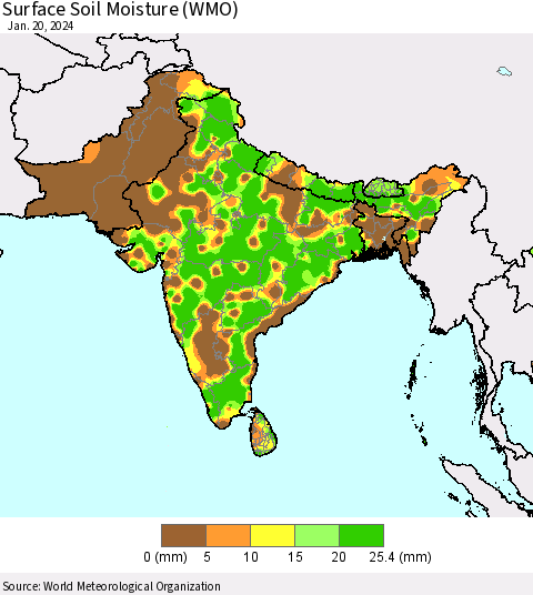 Southern Asia Surface Soil Moisture (WMO) Thematic Map For 1/16/2024 - 1/20/2024