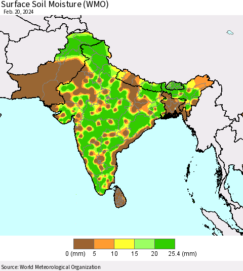 Southern Asia Surface Soil Moisture (WMO) Thematic Map For 2/16/2024 - 2/20/2024