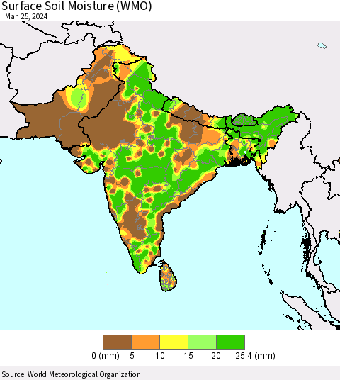 Southern Asia Surface Soil Moisture (WMO) Thematic Map For 3/21/2024 - 3/25/2024