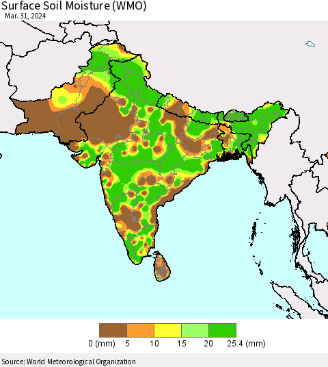 Southern Asia Surface Soil Moisture (WMO) Thematic Map For 3/26/2024 - 3/31/2024