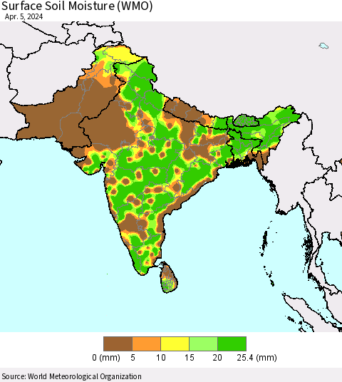Southern Asia Surface Soil Moisture (WMO) Thematic Map For 4/1/2024 - 4/5/2024