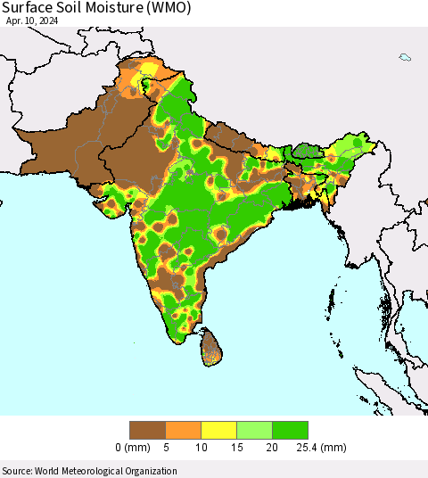 Southern Asia Surface Soil Moisture (WMO) Thematic Map For 4/6/2024 - 4/10/2024
