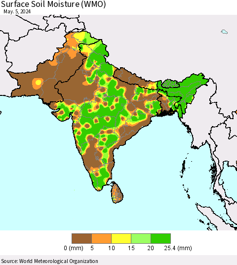 Southern Asia Surface Soil Moisture (WMO) Thematic Map For 5/1/2024 - 5/5/2024