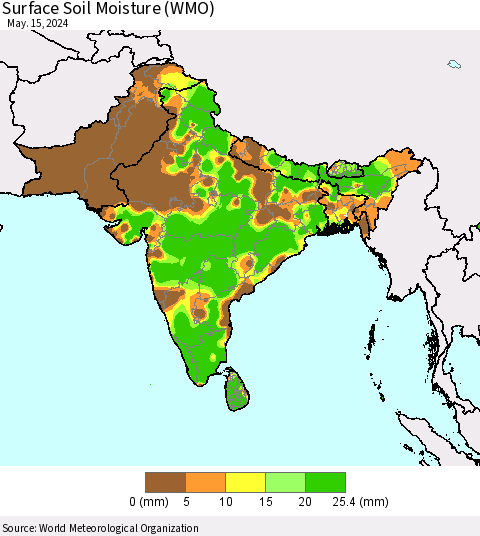 Southern Asia Surface Soil Moisture (WMO) Thematic Map For 5/11/2024 - 5/15/2024
