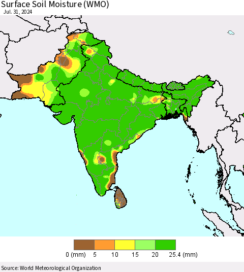 Southern Asia Surface Soil Moisture (WMO) Thematic Map For 7/26/2024 - 7/31/2024