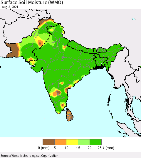 Southern Asia Surface Soil Moisture (WMO) Thematic Map For 8/1/2024 - 8/5/2024