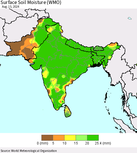 Southern Asia Surface Soil Moisture (WMO) Thematic Map For 8/11/2024 - 8/15/2024