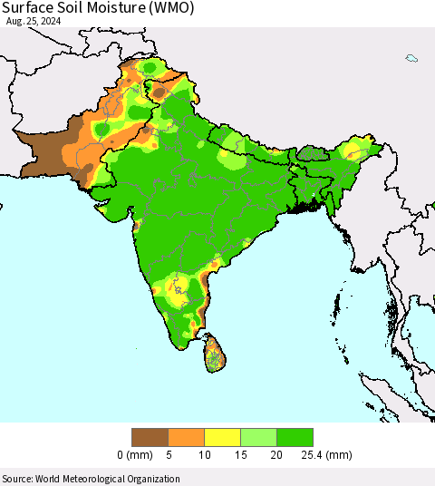 Southern Asia Surface Soil Moisture (WMO) Thematic Map For 8/21/2024 - 8/25/2024