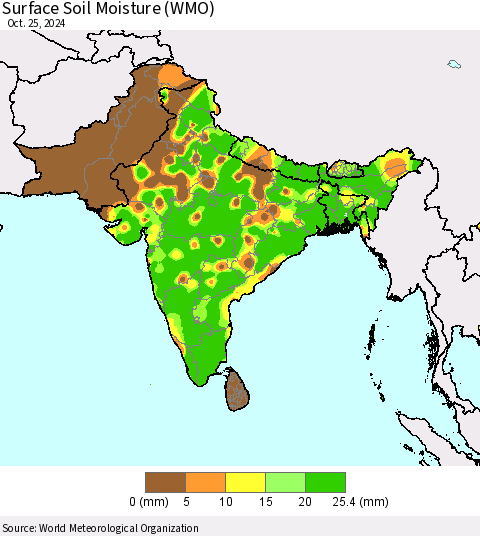 Southern Asia Surface Soil Moisture (WMO) Thematic Map For 10/21/2024 - 10/25/2024