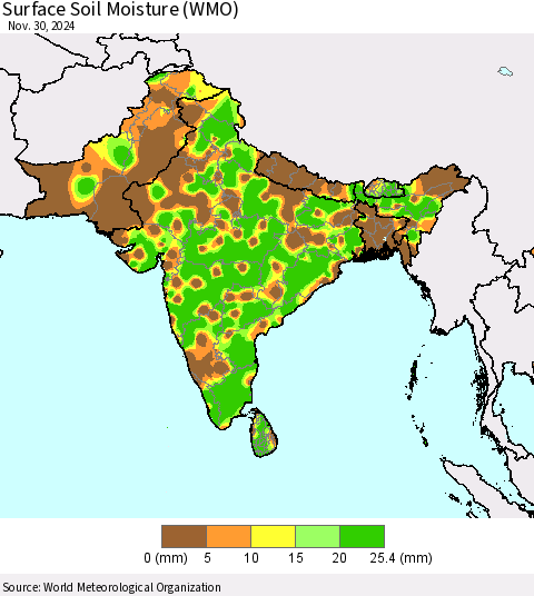 Southern Asia Surface Soil Moisture (WMO) Thematic Map For 11/26/2024 - 11/30/2024