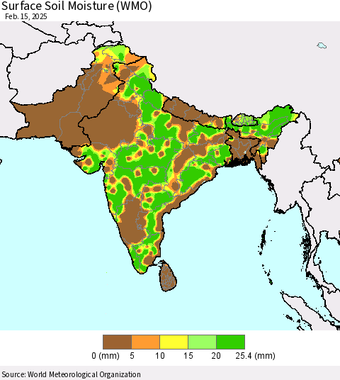 Southern Asia Surface Soil Moisture (WMO) Thematic Map For 2/11/2025 - 2/15/2025