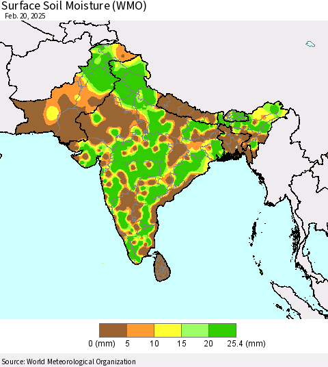 Southern Asia Surface Soil Moisture (WMO) Thematic Map For 2/16/2025 - 2/20/2025