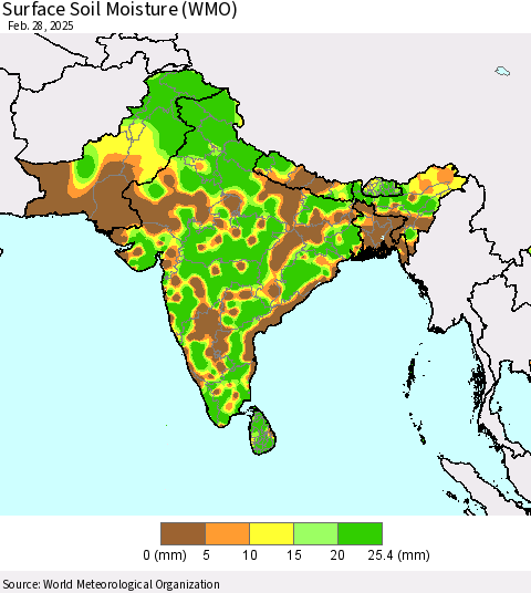 Southern Asia Surface Soil Moisture (WMO) Thematic Map For 2/26/2025 - 2/28/2025