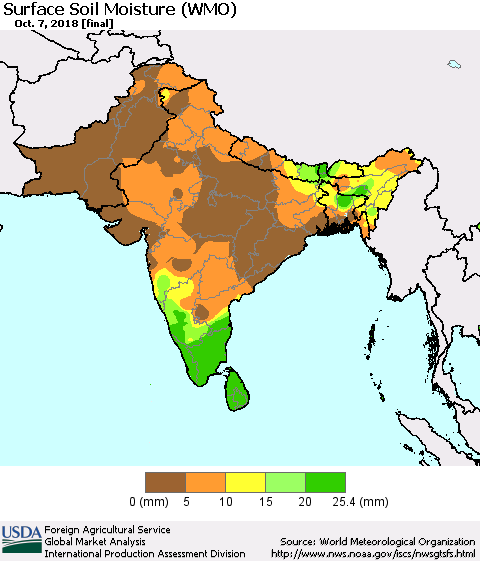 Southern Asia Surface Soil Moisture (WMO) Thematic Map For 10/1/2018 - 10/7/2018