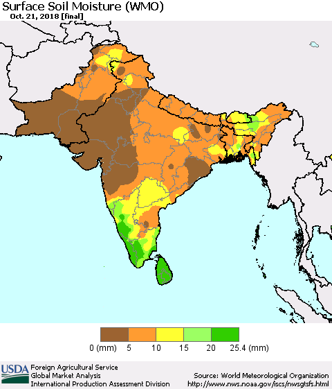 Southern Asia Surface Soil Moisture (WMO) Thematic Map For 10/15/2018 - 10/21/2018