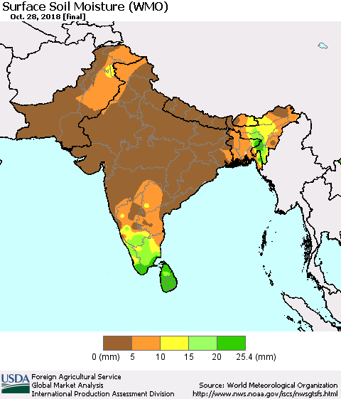 Southern Asia Surface Soil Moisture (WMO) Thematic Map For 10/22/2018 - 10/28/2018