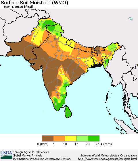 Southern Asia Surface Soil Moisture (WMO) Thematic Map For 10/29/2018 - 11/4/2018