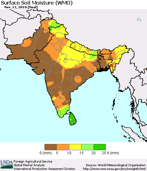 Southern Asia Surface Soil Moisture (WMO) Thematic Map For 11/5/2018 - 11/11/2018