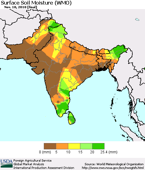 Southern Asia Surface Soil Moisture (WMO) Thematic Map For 11/12/2018 - 11/18/2018