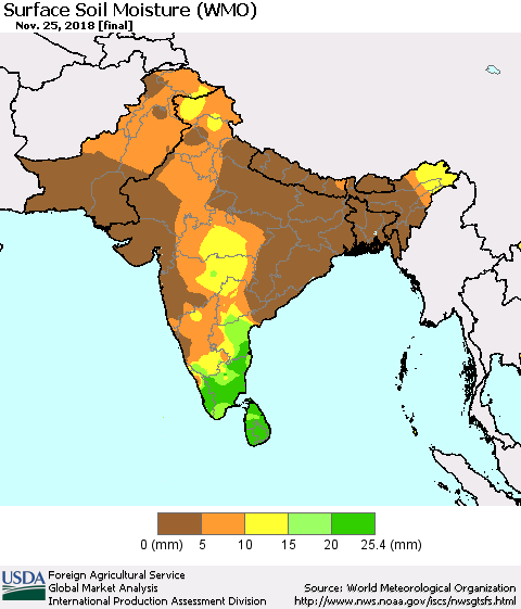 Southern Asia Surface Soil Moisture (WMO) Thematic Map For 11/19/2018 - 11/25/2018